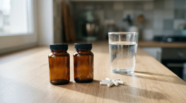 Can you take NR and NMN together? Two amber supplement bottles with capsules and a glass of water on a kitchen counter