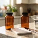Two amber supplement bottles beside a notepad for a Nutricost NMN vs GenuinePurity NMN label comparison