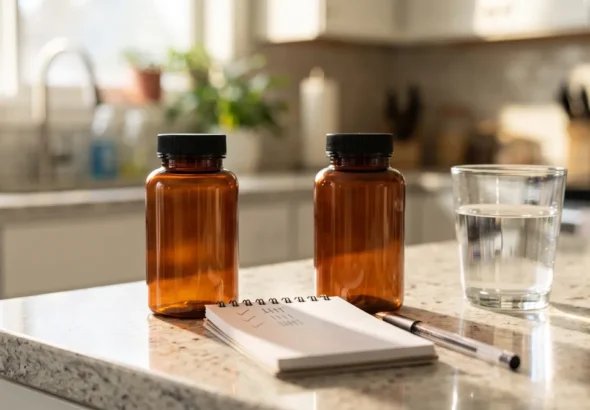 Two amber supplement bottles beside a notepad for a Nutricost NMN vs GenuinePurity NMN label comparison