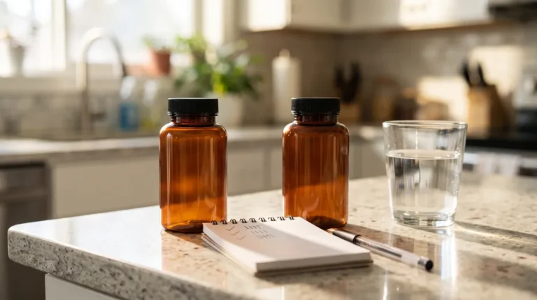Two amber supplement bottles beside a notepad for a Nutricost NMN vs GenuinePurity NMN label comparison
