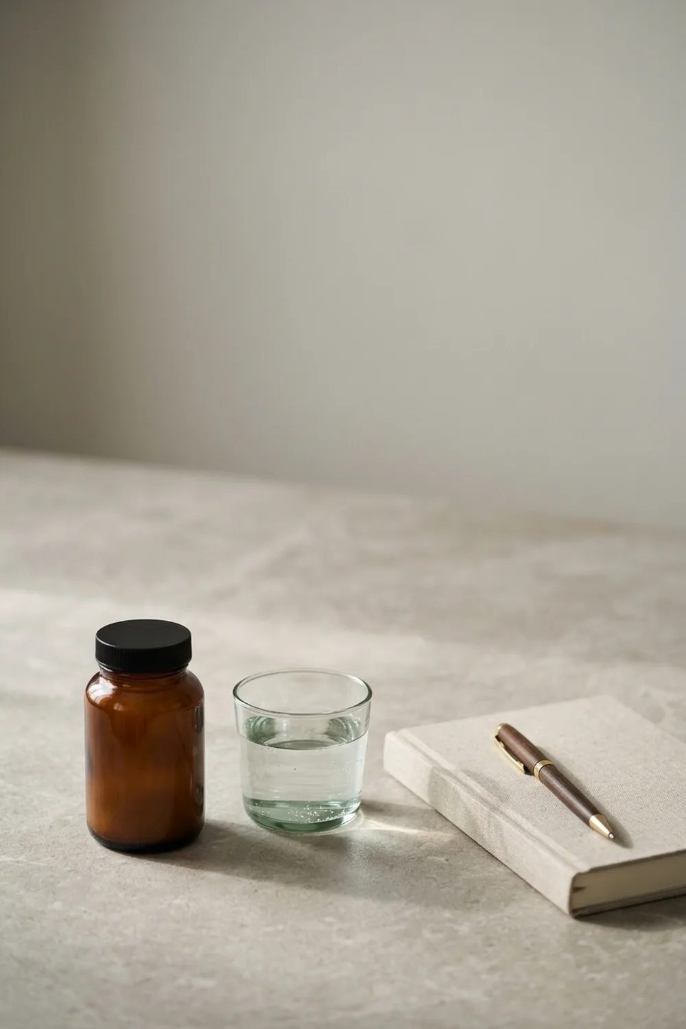 Semen analysis and supplements: unlabeled supplement bottle, glass of water and notebook on a stone surface