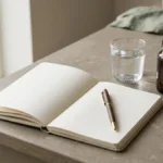 Semen analysis tracking: blank notebook, glass of water and an unlabeled supplement bottle on a stone surface