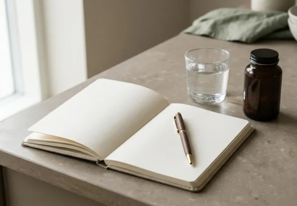 Semen analysis tracking: blank notebook, glass of water and an unlabeled supplement bottle on a stone surface