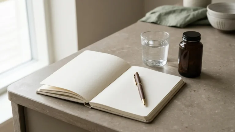 Semen analysis tracking: blank notebook, glass of water and an unlabeled supplement bottle on a stone surface