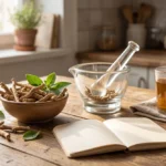 Dried ashwagandha roots and leaves on a kitchen table, illustrating sensoril ashwagandha cortisol research