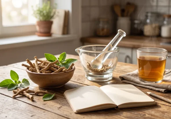 Dried ashwagandha roots and leaves on a kitchen table, illustrating sensoril ashwagandha cortisol research