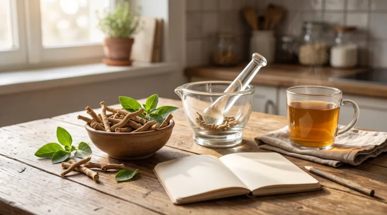 Dried ashwagandha roots and leaves on a kitchen table, illustrating sensoril ashwagandha cortisol research