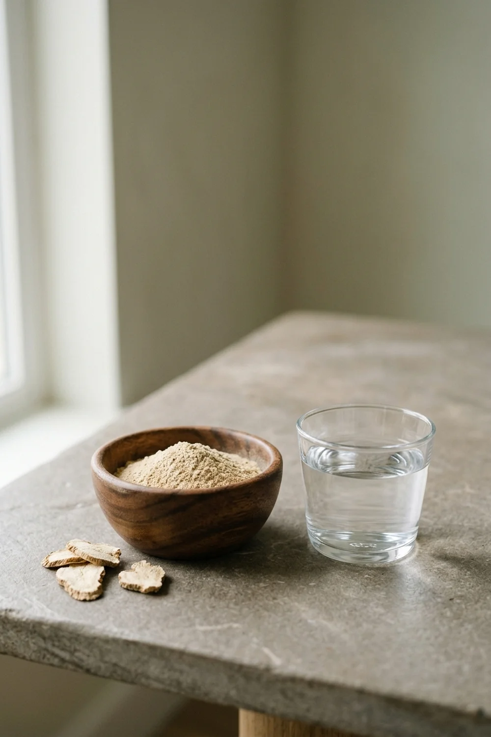 tongkat ali fertility research: pale root extract powder and dried root slices on a grey stone surface
