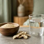 Tongkat ali fertility research: a bowl of pale root extract powder and dried root slices beside a glass of water