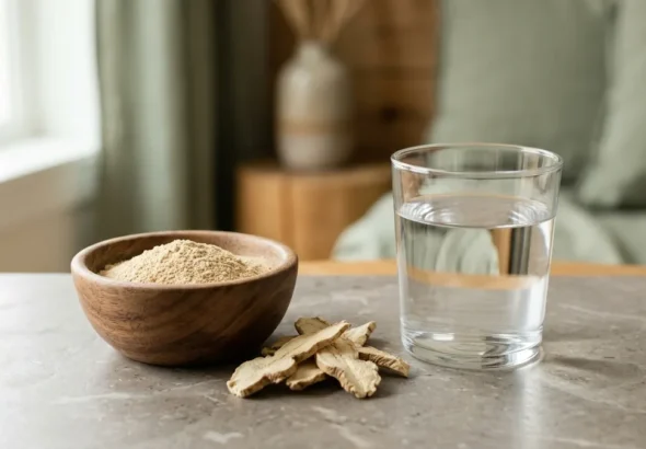 Tongkat ali fertility research: a bowl of pale root extract powder and dried root slices beside a glass of water
