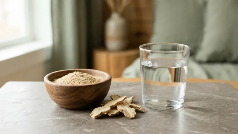 Tongkat ali fertility research: a bowl of pale root extract powder and dried root slices beside a glass of water