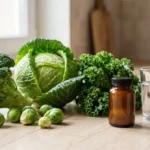 What is DIM diindolylmethane: broccoli, cabbage and kale beside a plain supplement bottle