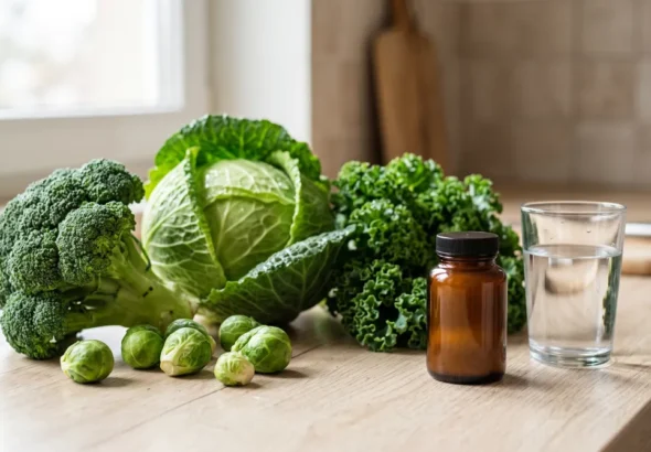 What is DIM diindolylmethane: broccoli, cabbage and kale beside a plain supplement bottle