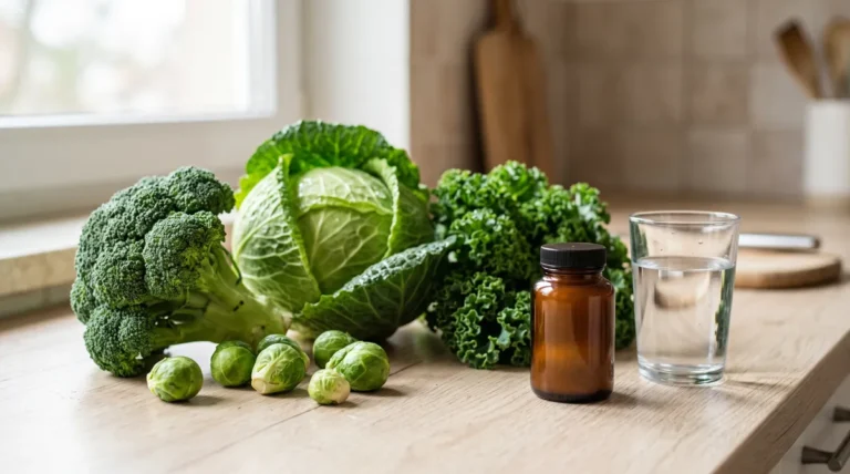 What is DIM diindolylmethane: broccoli, cabbage and kale beside a plain supplement bottle