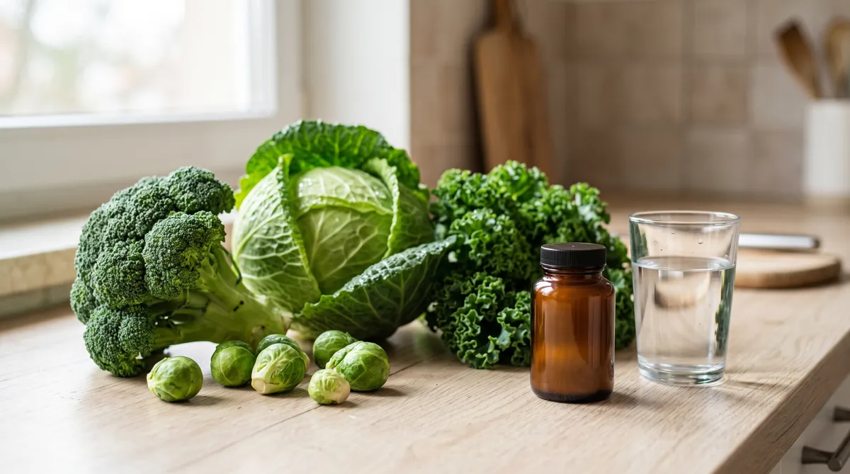 What is DIM diindolylmethane: broccoli, cabbage and kale beside a plain supplement bottle