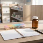Pharmacy desk with notebook and pill organizer: who should not take CortiSync checklist