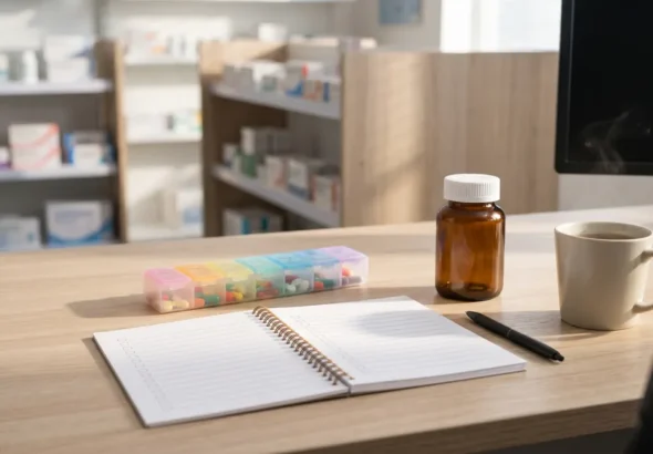 Pharmacy desk with notebook and pill organizer: who should not take CortiSync checklist