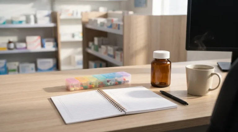Pharmacy desk with notebook and pill organizer: who should not take CortiSync checklist